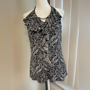 White House Black Market Black and White Halter Blouse Paisley Sz M